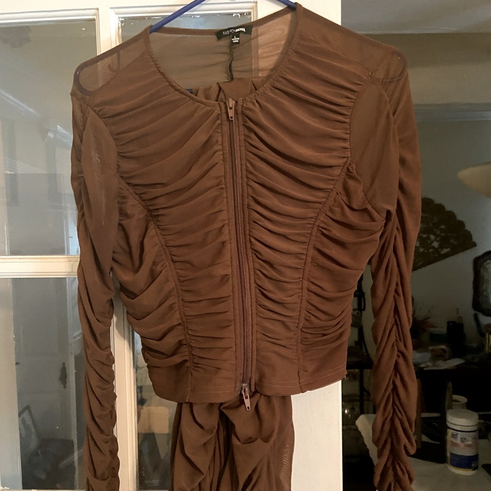 Fashion nova brown mesh 2 piece track suit